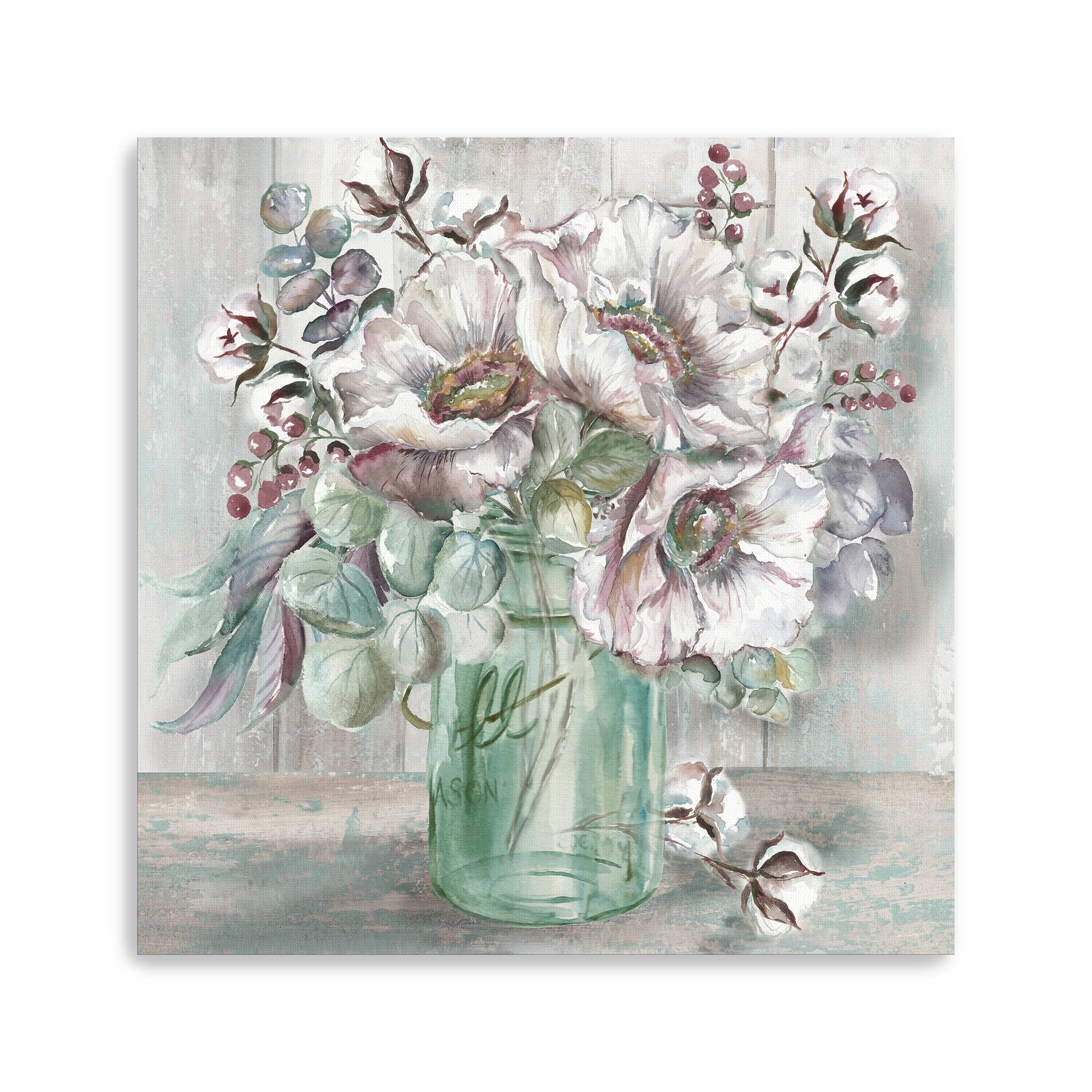 Blush Poppies And Eucalyptus In Mason Jar Canvas Giclee